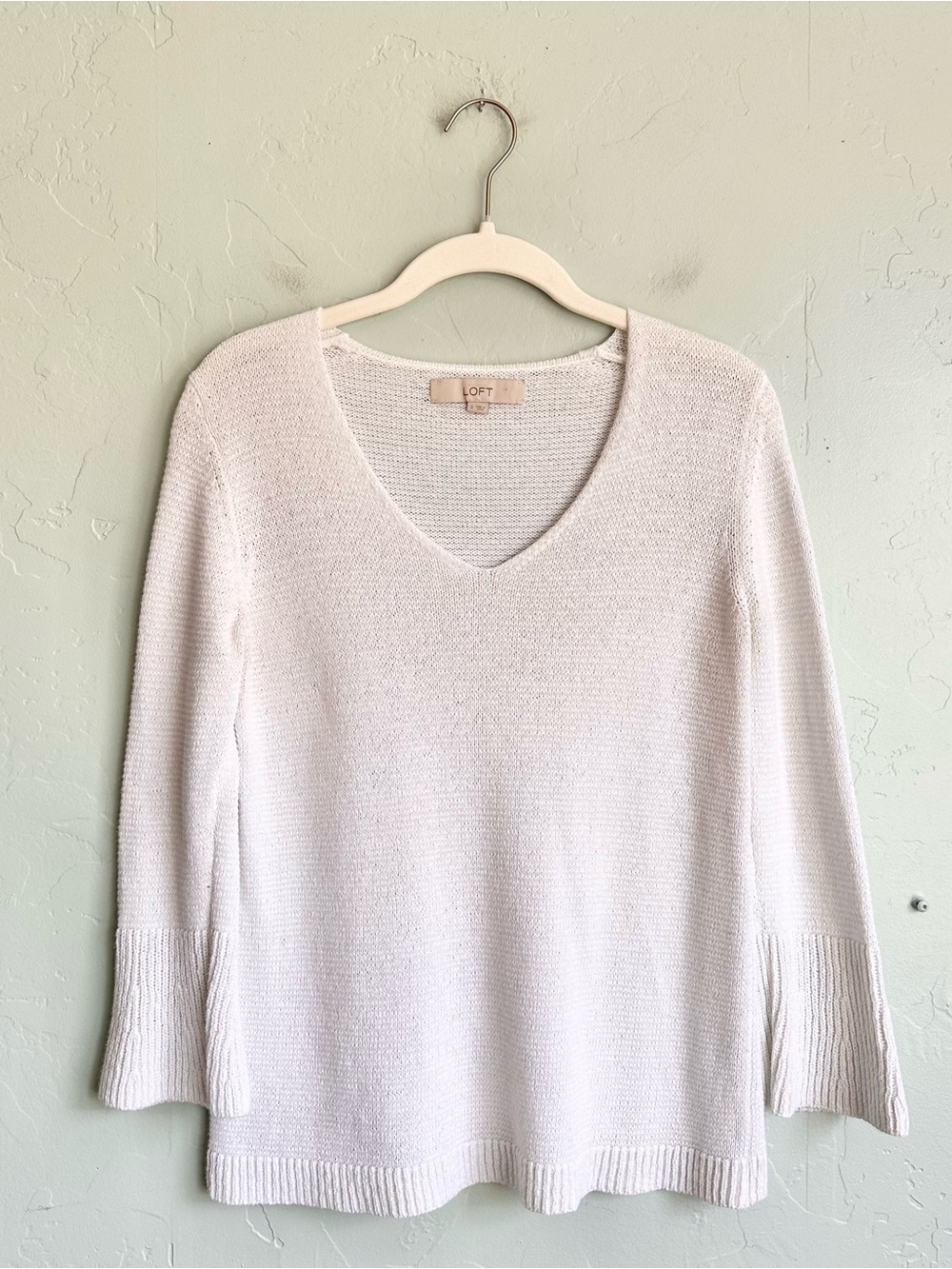 LOFT Women’s White V-Neck Knit‎ Tunic Sweater Small Beachy Coastal Summer